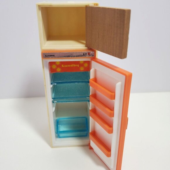 Lundby Orange Refrigerator Dollhouse Furniture Vintage Wood Accents Shelves - Picture 5 of 10